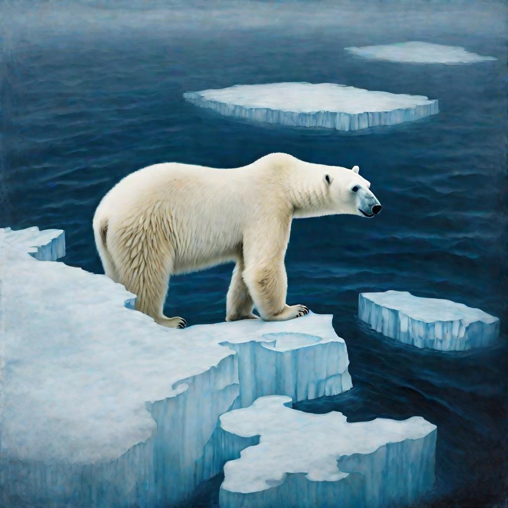 Белый медведь стоит на айсберге среди тумана над морем