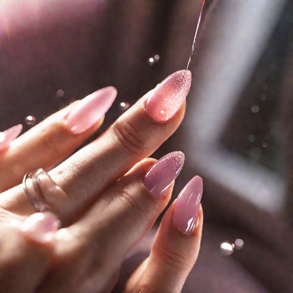 Женская рука с розовыми накладными ногтями. Нанесение клея.