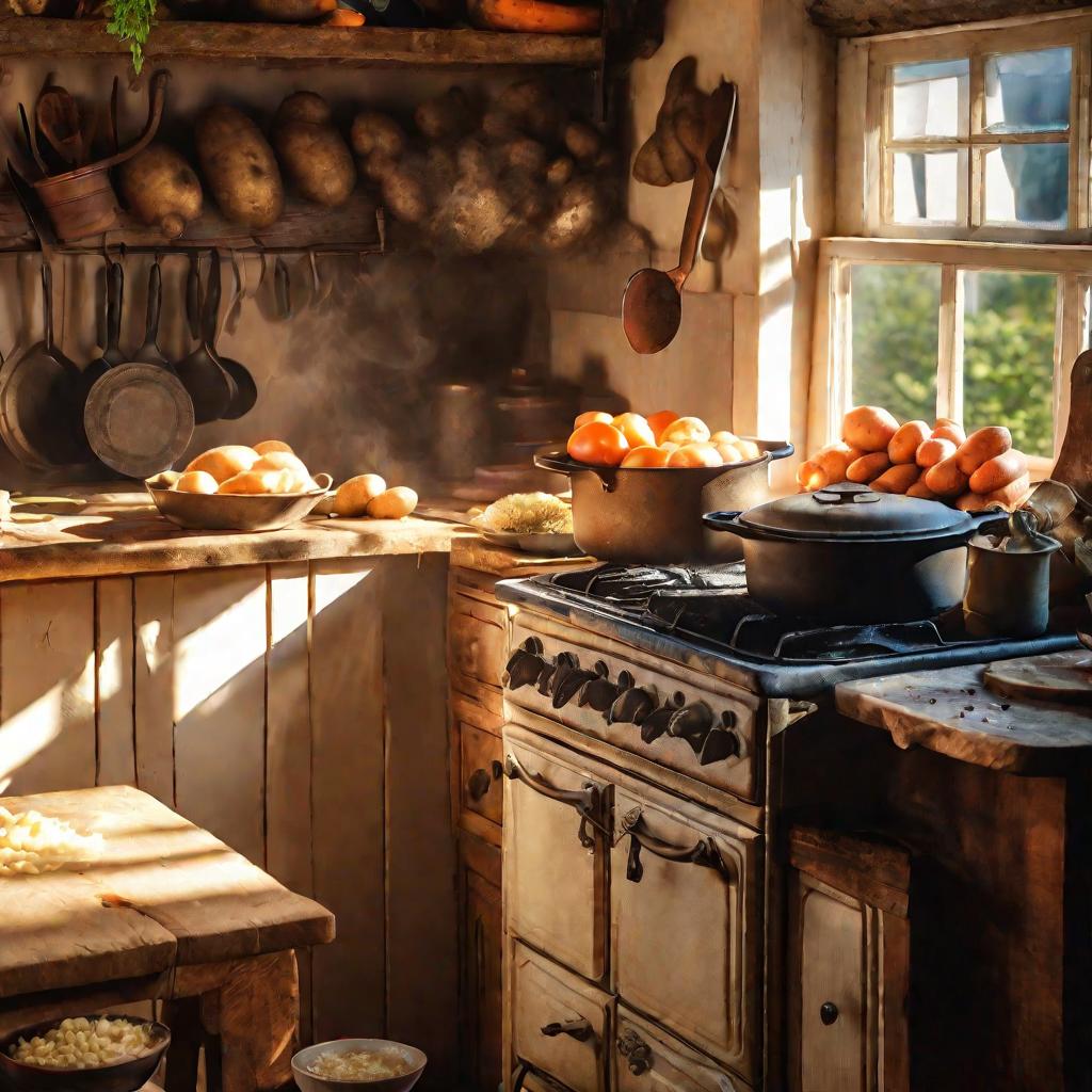 Теплая светлая кухня в деревенском стиле, лучи солнца проникают в окошко над раковиной. На старой печке в чугунном котелке бурлит горячий картофельный суп. Рядом на разделочной доске нарезан картофель, морковь, лук и петрушка.