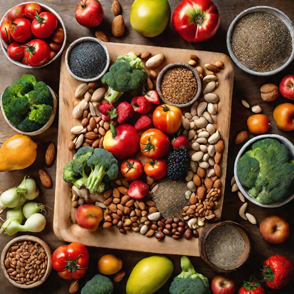Разнообразные фрукты, овощи, орехи и семена аккуратно разложены на деревянном столе.