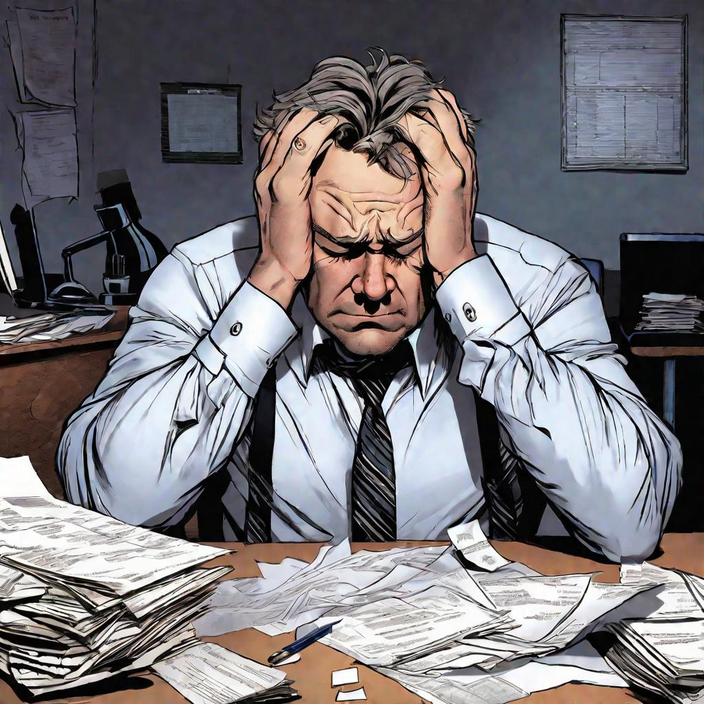 Мужчина в стрессе за столом с документами