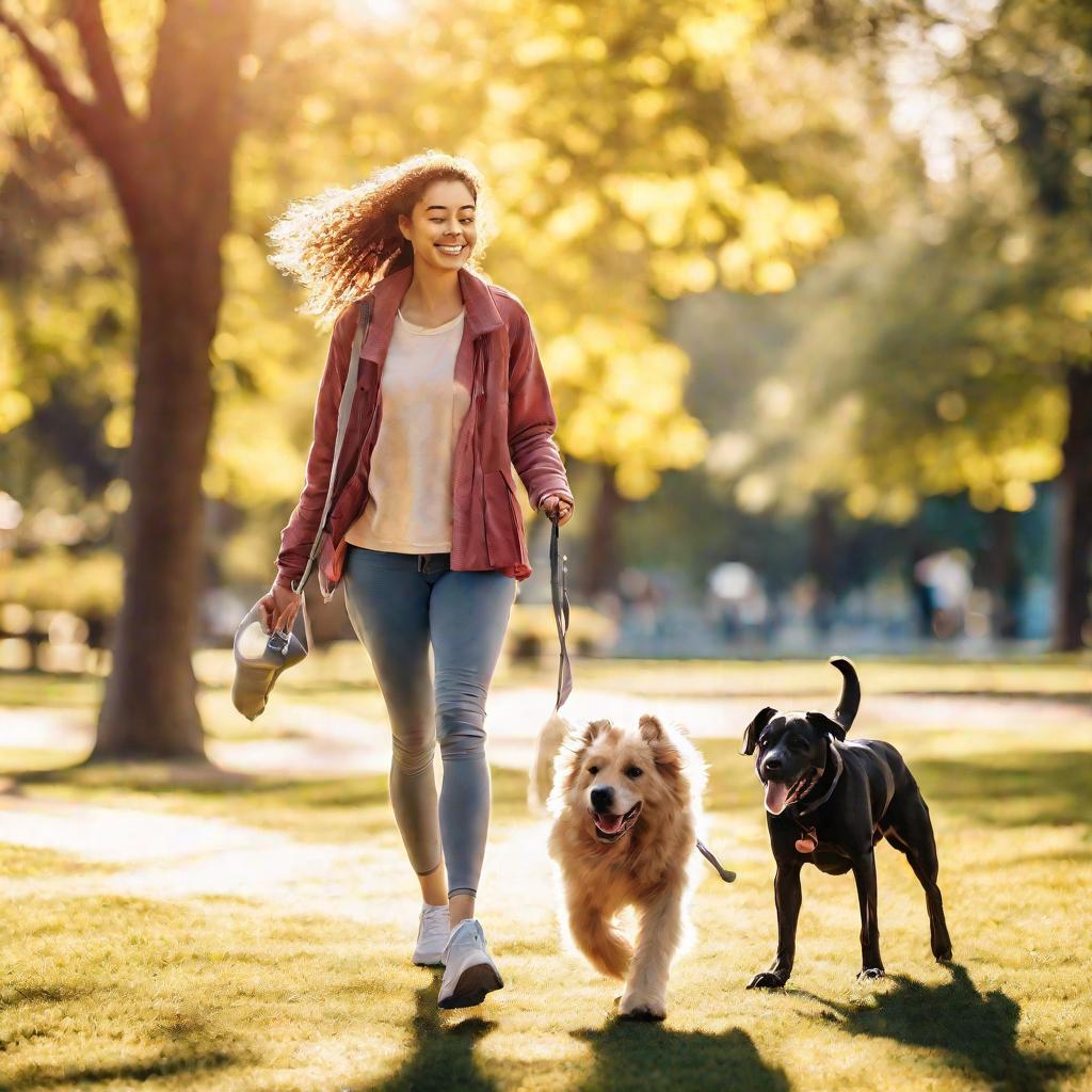 Женщина гуляет на свежем воздухе с собакой для профилактики обострений хронических заболеваний