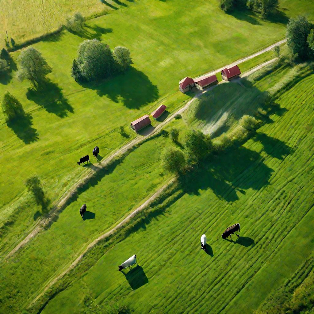 Изображение с высоты птичьего полета фермы с коровами, пасущимися на зеленом лугу в солнечный летний день. Коровы выглядят счастливыми и здоровыми, наслаждаются свежим воздухом и травой. Фермер наблюдает за стадом.