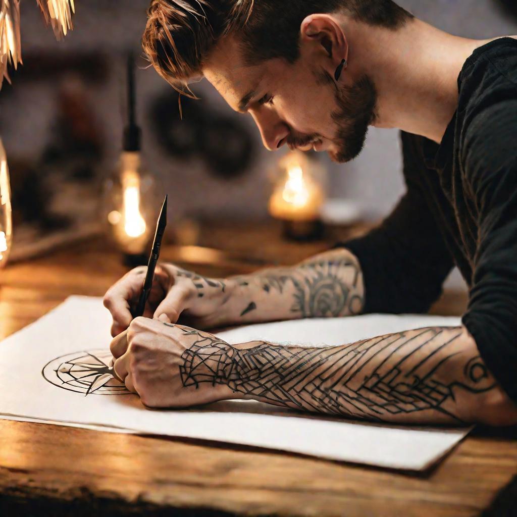 Детализированный портрет: на внутренней стороне правого запястья молодого мужчины тату-мастер наносит простую черную татуировку компаса с указующей на север стрелкой в минималистском стиле из тонких линий