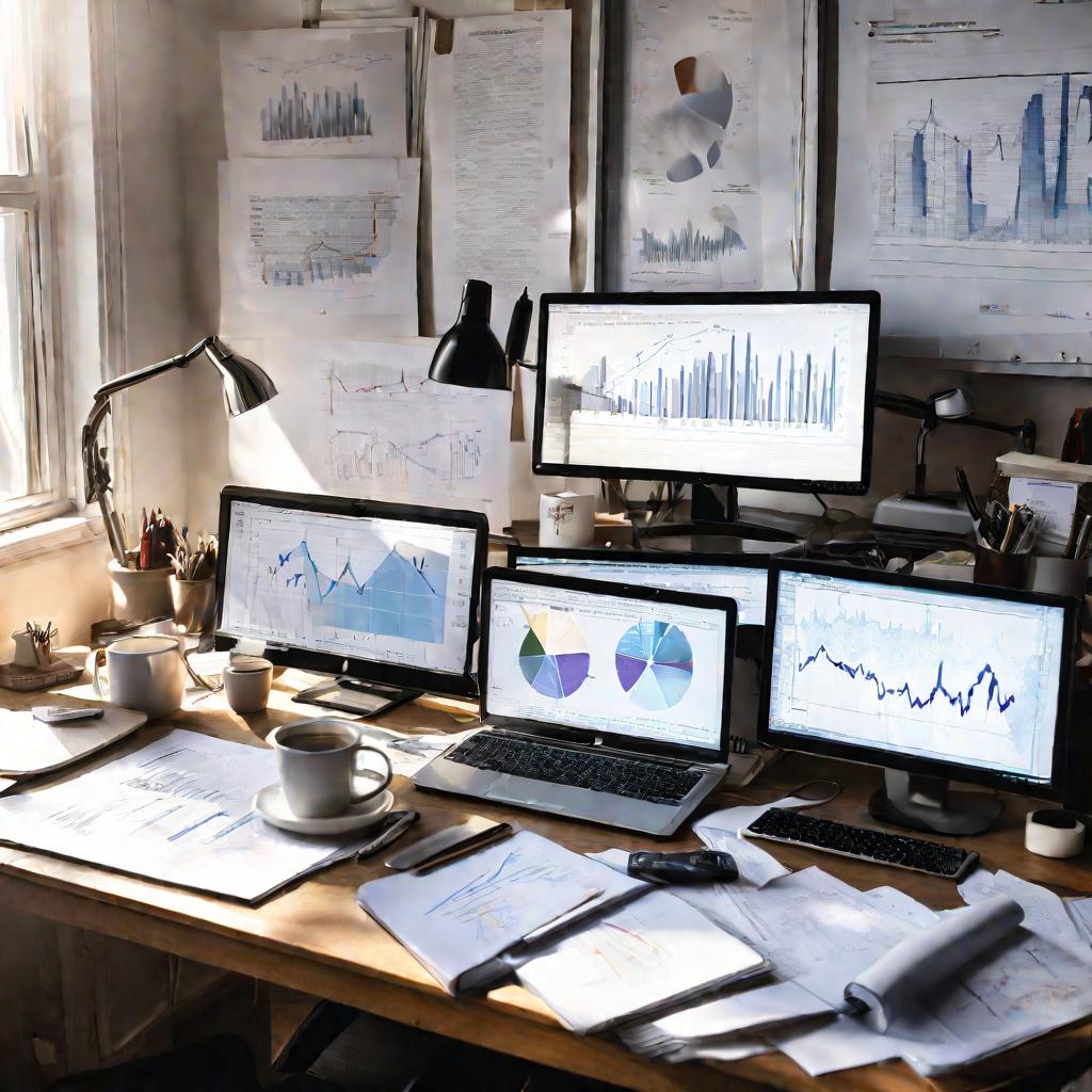 Рабочий стол, завален бумагами и мониторами с графиками