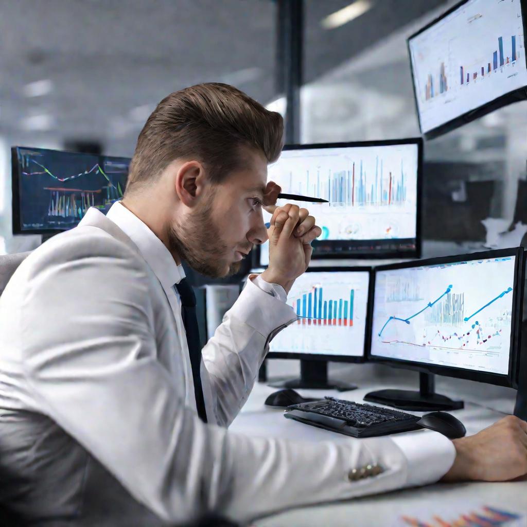 Крупный план молодого бизнесмена в костюме, анализирующего финансовые графики на нескольких мониторах на своем рабочем столе в современном офисе. Он сосредоточен, держит в руке ручку и пристально смотрит на сложные аналитические данные.