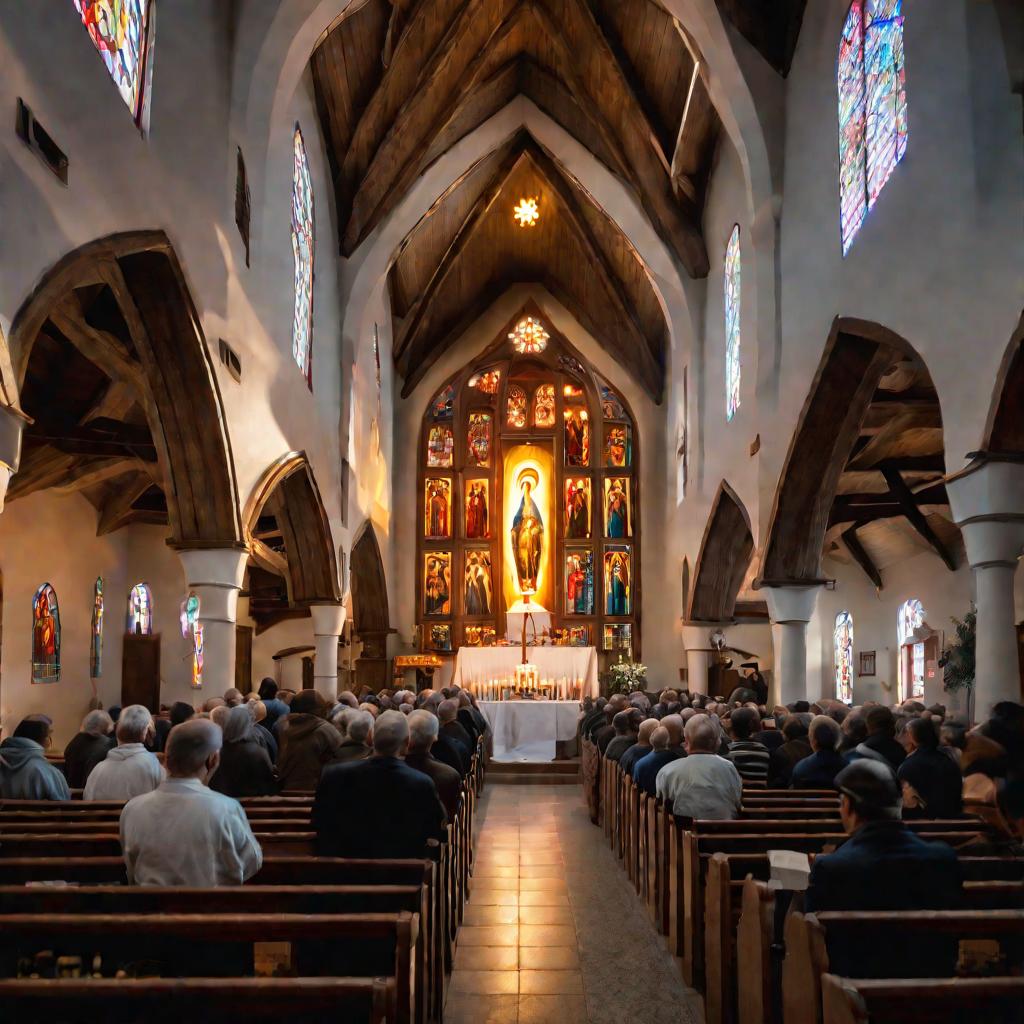 Люди молятся в церкви перед иконой