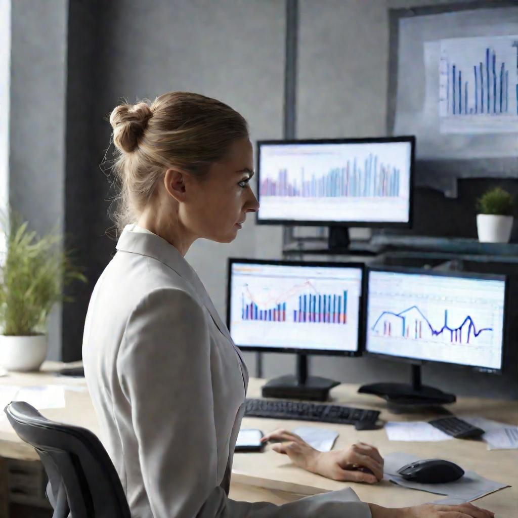 Бизнес-леди в офисной одежде анализирует финансовые данные в Excel на мониторах, курсор указывает на сложную диаграмму.