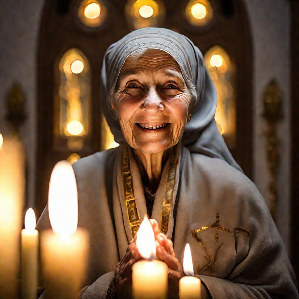 Пожилая женщина молится перед иконами в храме