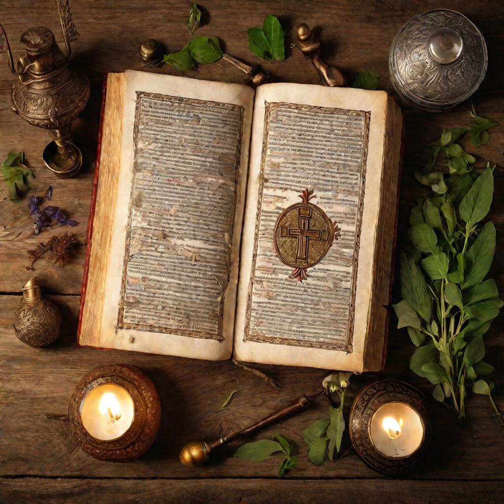 Православная Библия, крест, лампада и травы