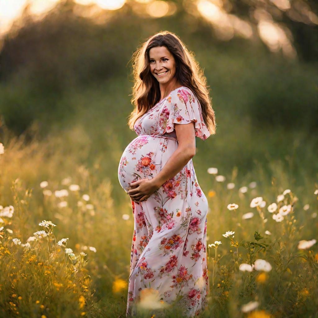 Беременная женщина с огромным животом стоит в цветущем лугу на закате