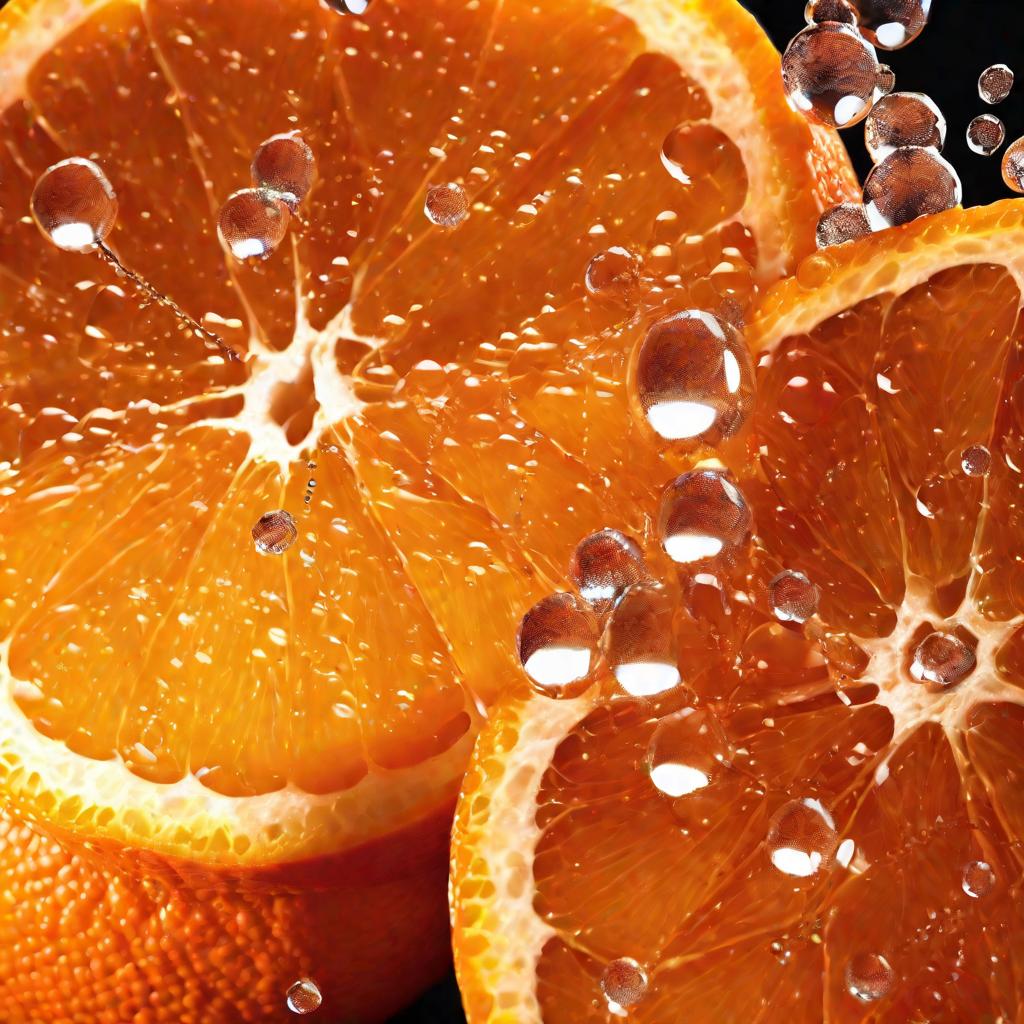 Крупный план двух разрезанных апельсинов с каплями сока