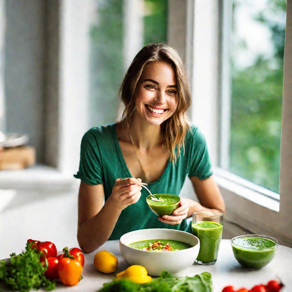 Девушка ест овощной похудательный суп из белой чашки за столом с зеленым смузи и салатом в светлой комнате у окна