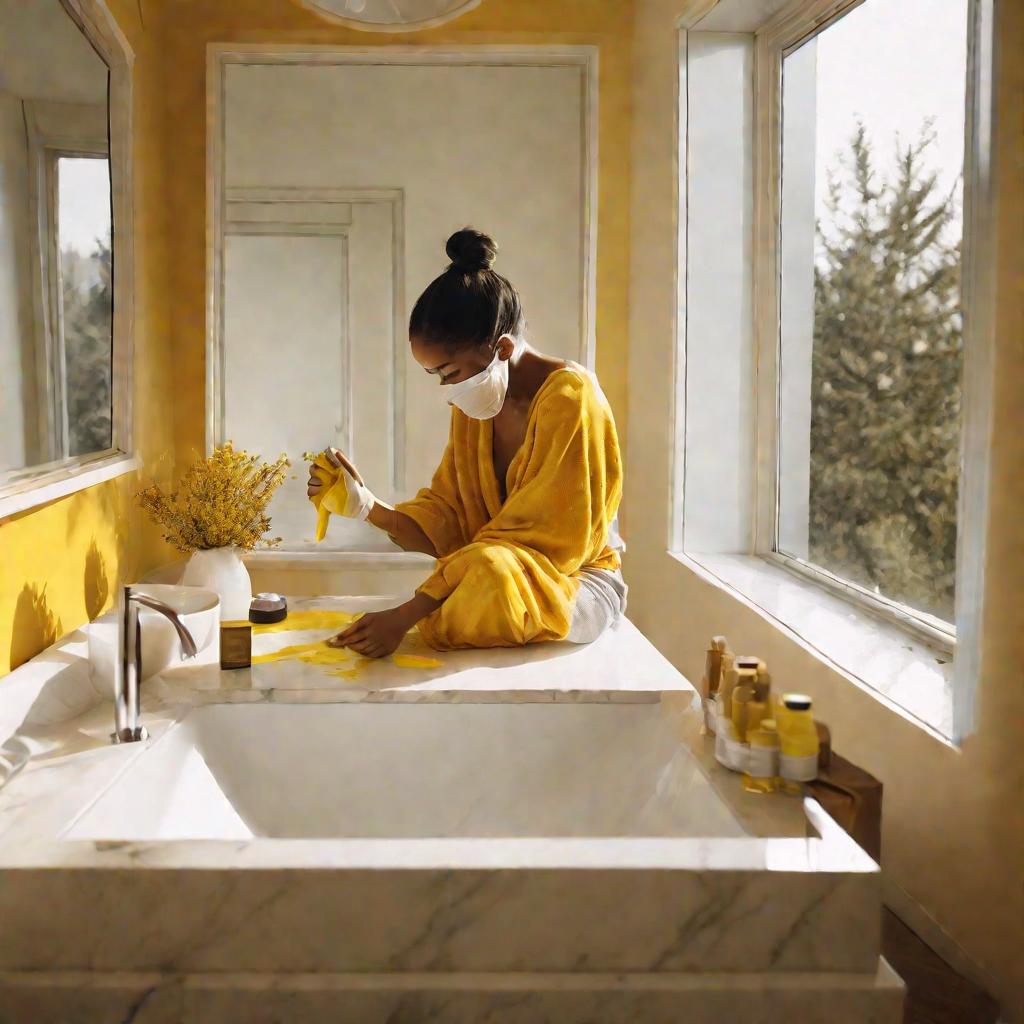 Широкий план ванной комнаты утром с женщиной, делающей желтую маску для пилинга