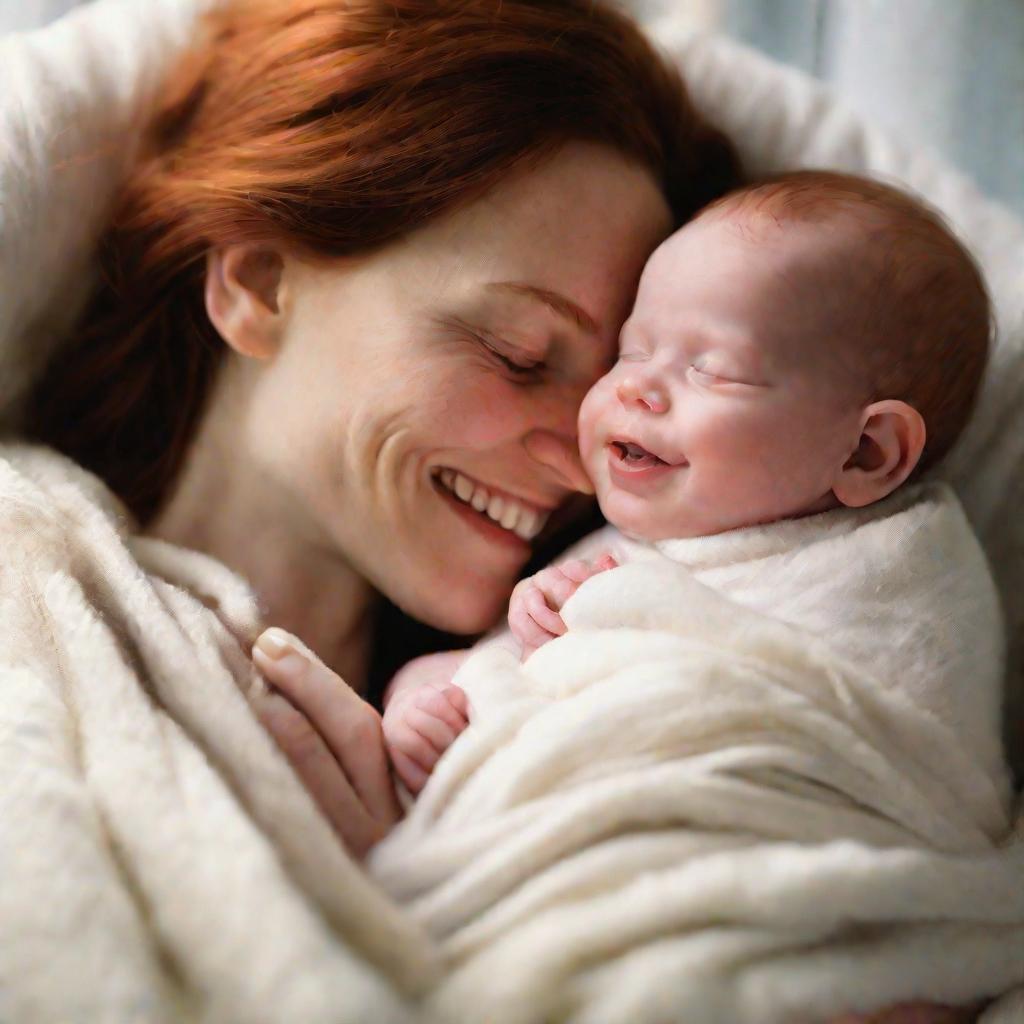 Улыбающаяся мама смотрит на спящего новорожденного ребенка