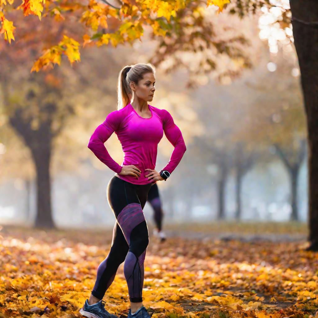 Женщина выполняет упражнения для трицепсов гантелями в парке осенью.