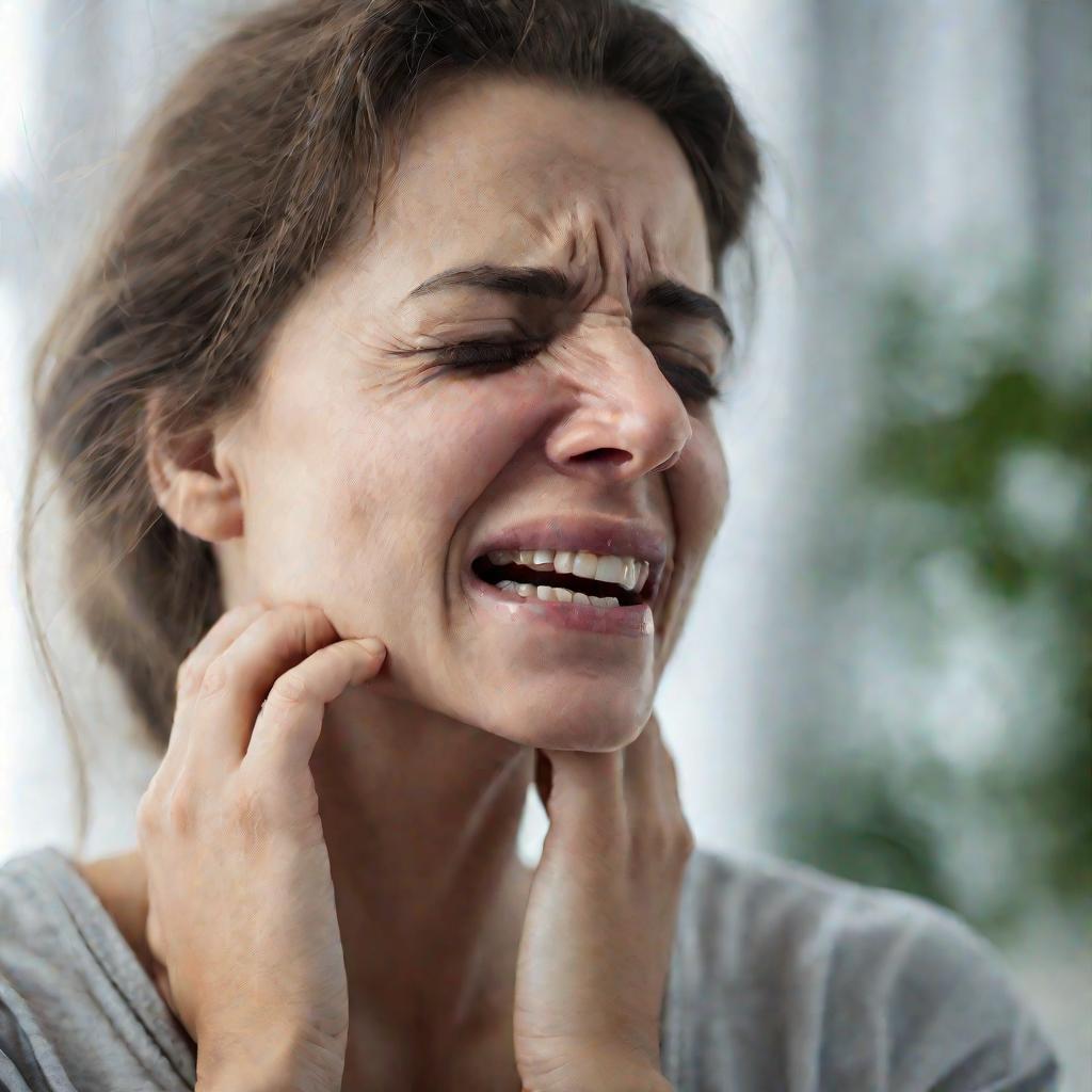 Женщина морщится от боли в горле при тонзиллите