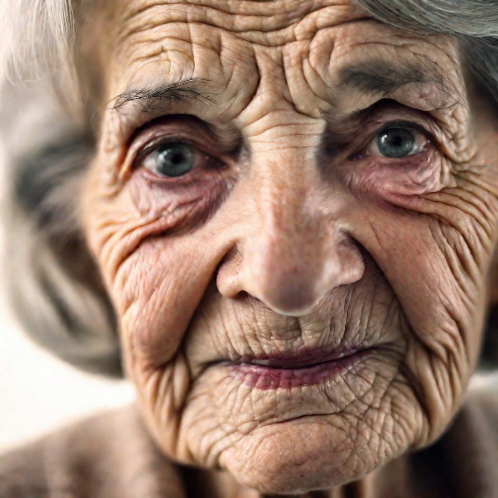 Портрет пожилой женщины с морщинистой кожей до процедуры фотоомоложения.