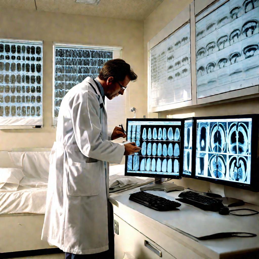 Сцена в больничной палате, врач внимательно изучает МРТ сканы с выпячиваниями межпозвоночных дисков на большом мониторе. На переднем плане аккуратно заправленная пустая больничная койка