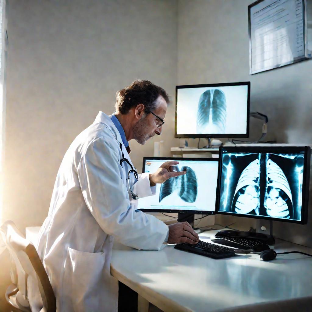 Врач в светлом кабинете анализирует рентгеновские снимки шеи пациента с признаками миозита