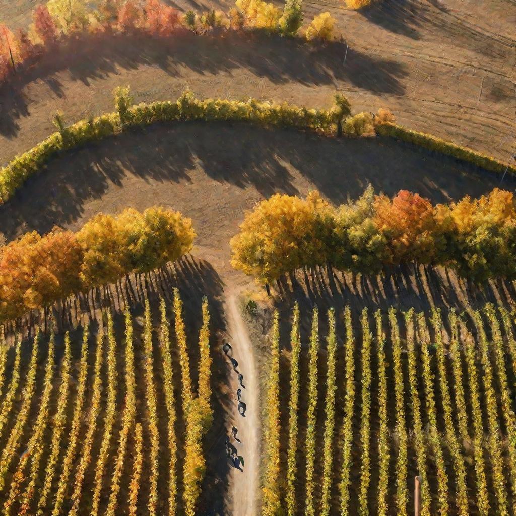 Панорамный снимок с высоты осенних виноградников и бегуна с вздувшейся мышцей ноги.