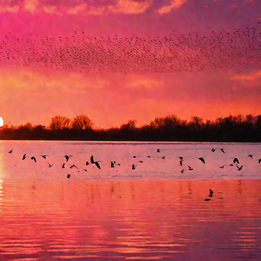 Стая птиц летит над озером на закате