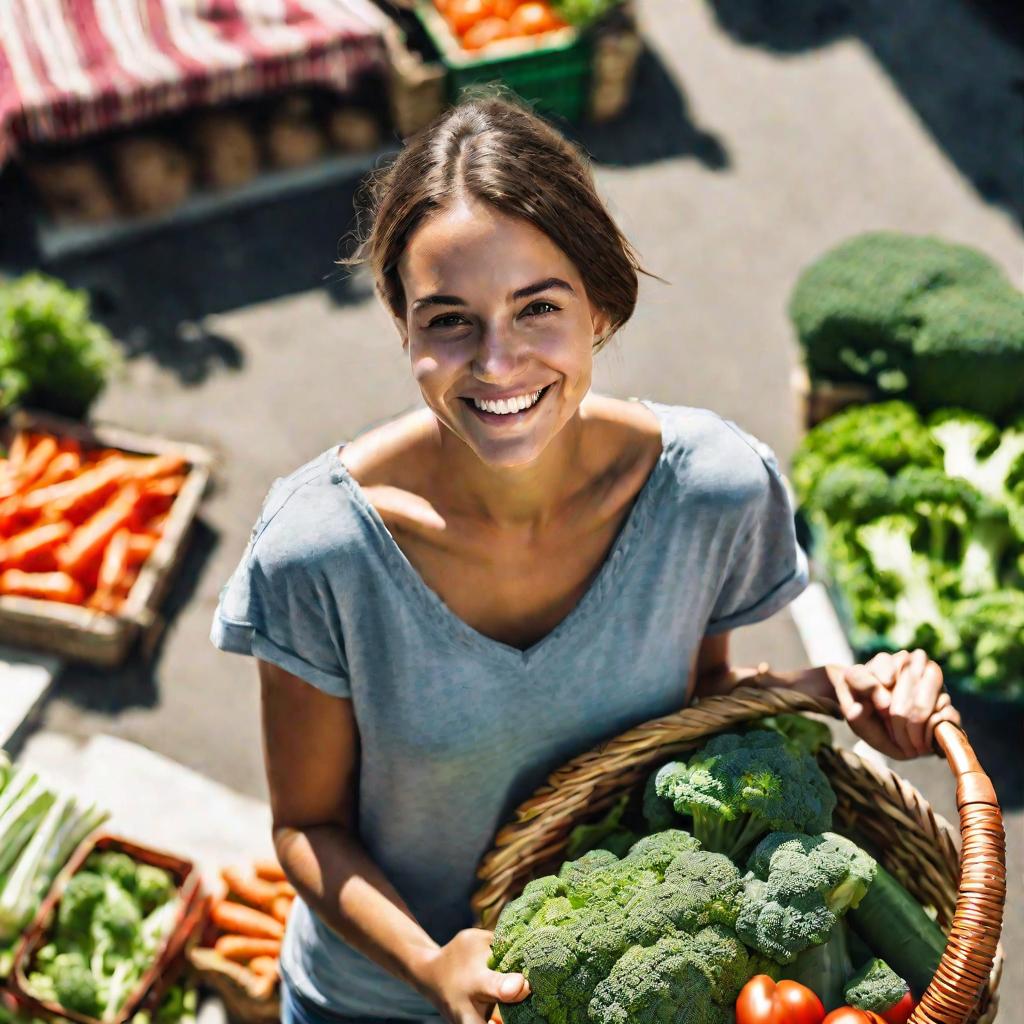 Девушка держит корзину с овощами на рынке