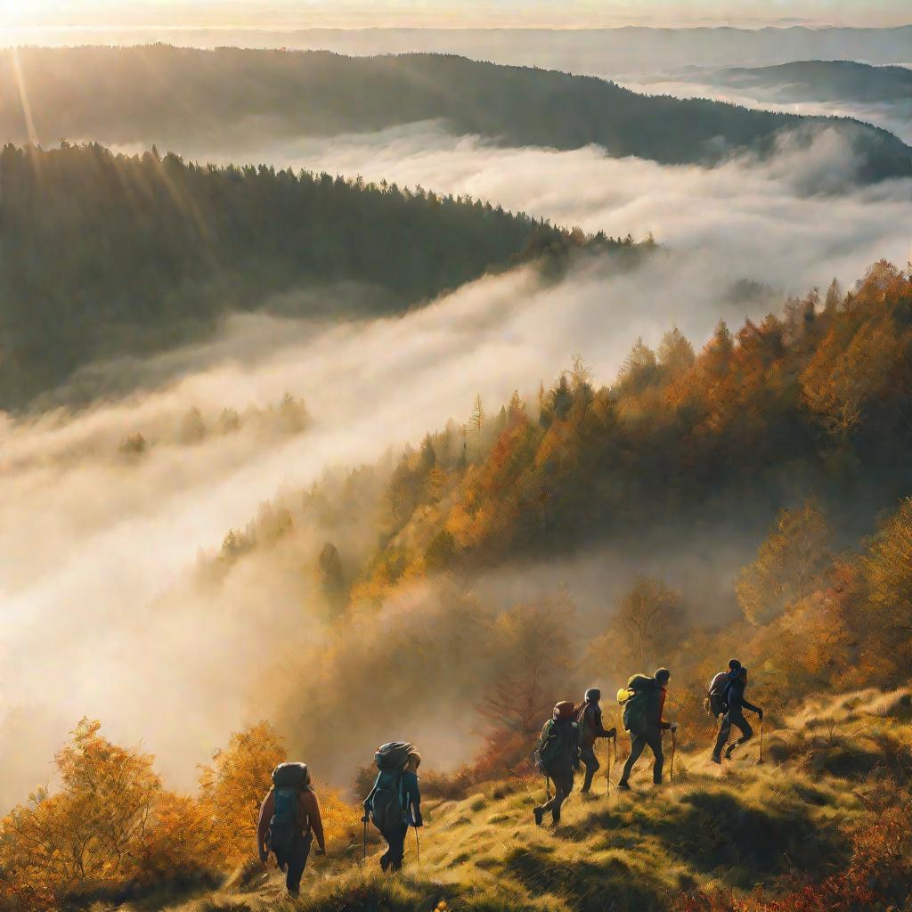Группа туристов идет по лесу в горах