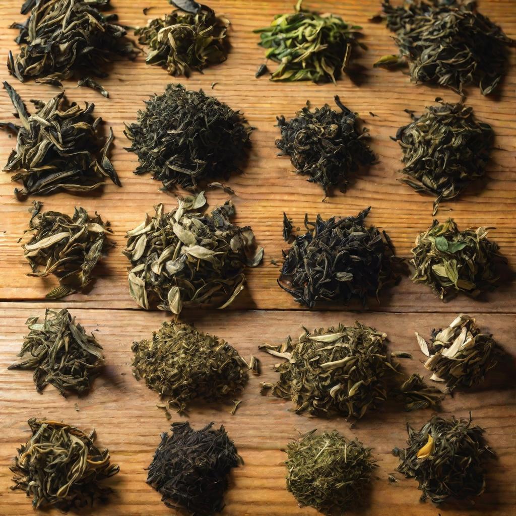 Вид сверху на разные высушенные листья зеленого чая разных оттенков зеленого цвета на деревянном столе