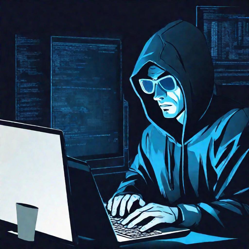 Портрет хакера за компьютером в темноте