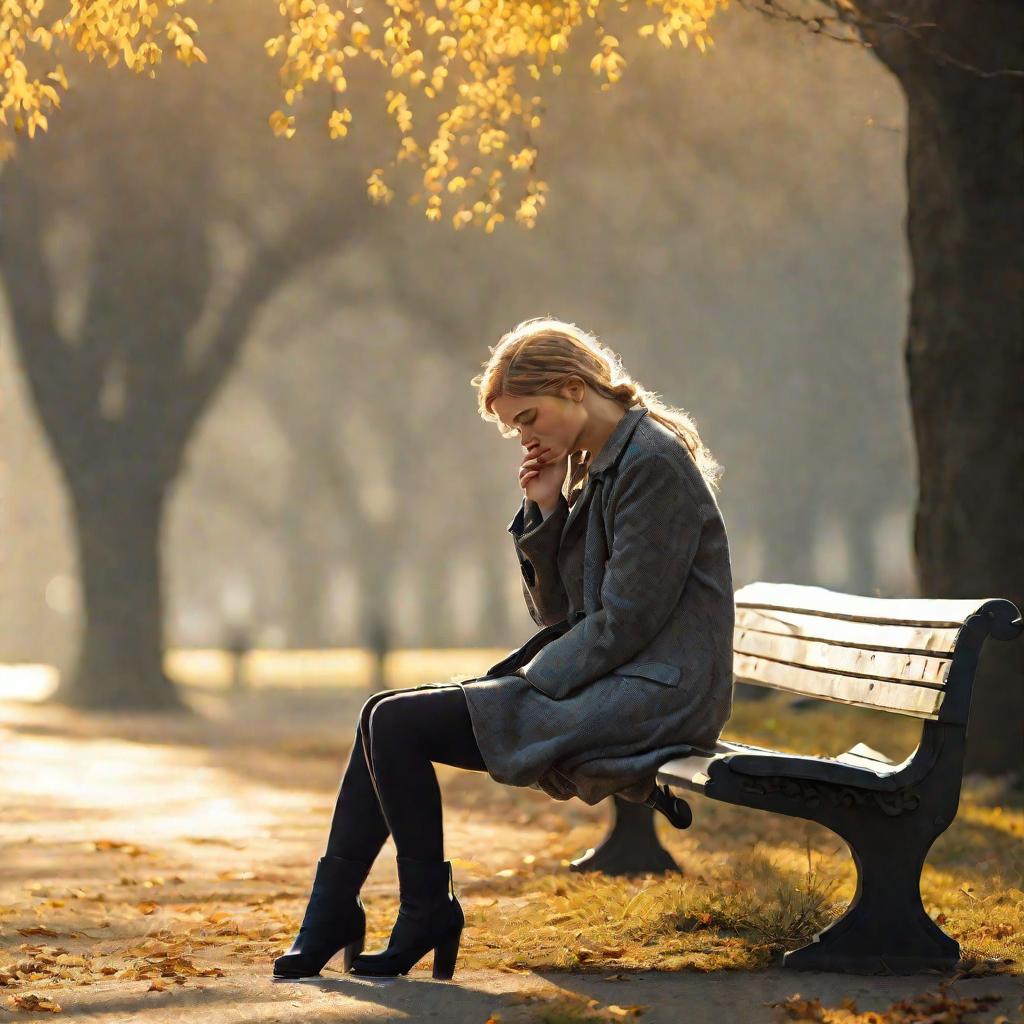 Одинокая печальная женщина на скамейке в парке