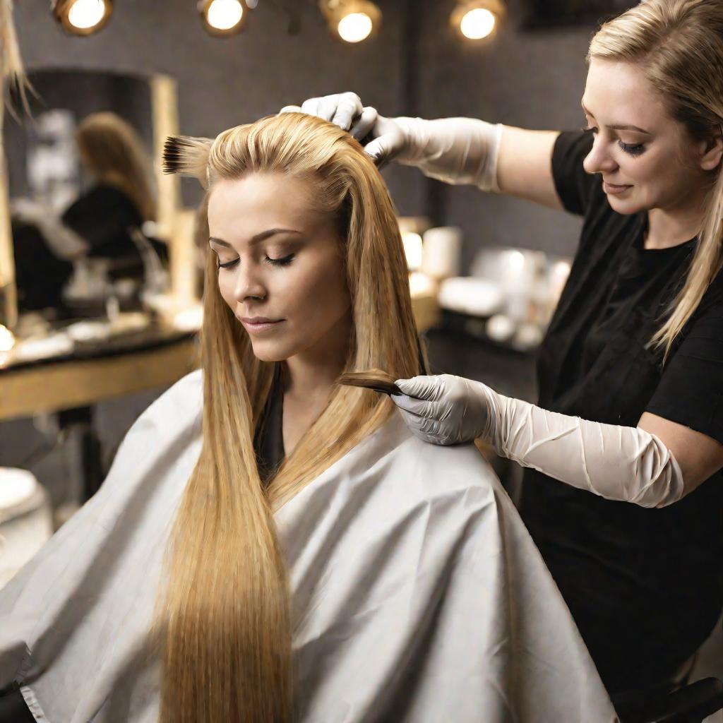 Женщина в кресле парикмахера, стилист красит ей волосы.