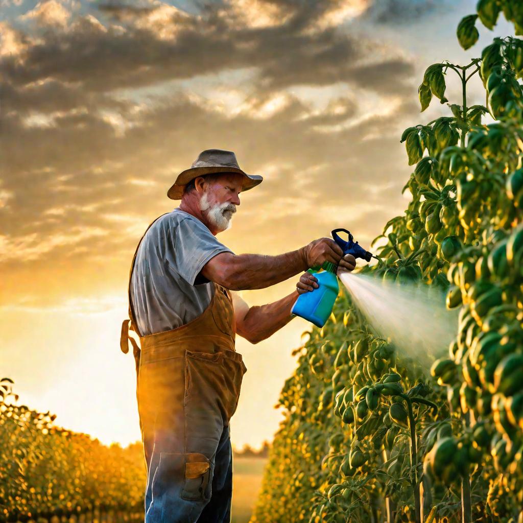 Фермер опрыскивает растения хлоридом меди