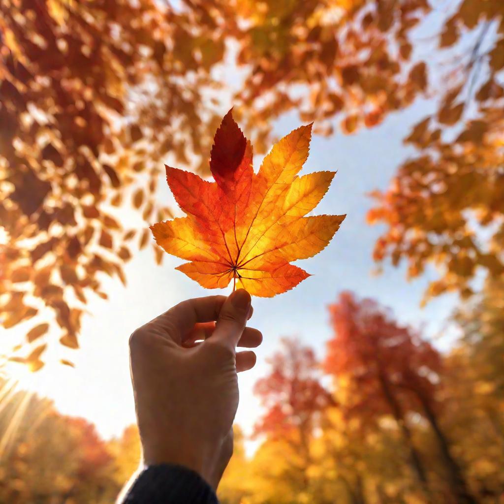 Природная сцена на открытом воздухе в солнечный осенний день, показывающая красочную осеннюю листву на деревьях на заднем плане и две руки, держащие оранжевый лист на переднем плане. Листья имеют оттенки желтого, оранжевого и красного. Солнечный свет мягк