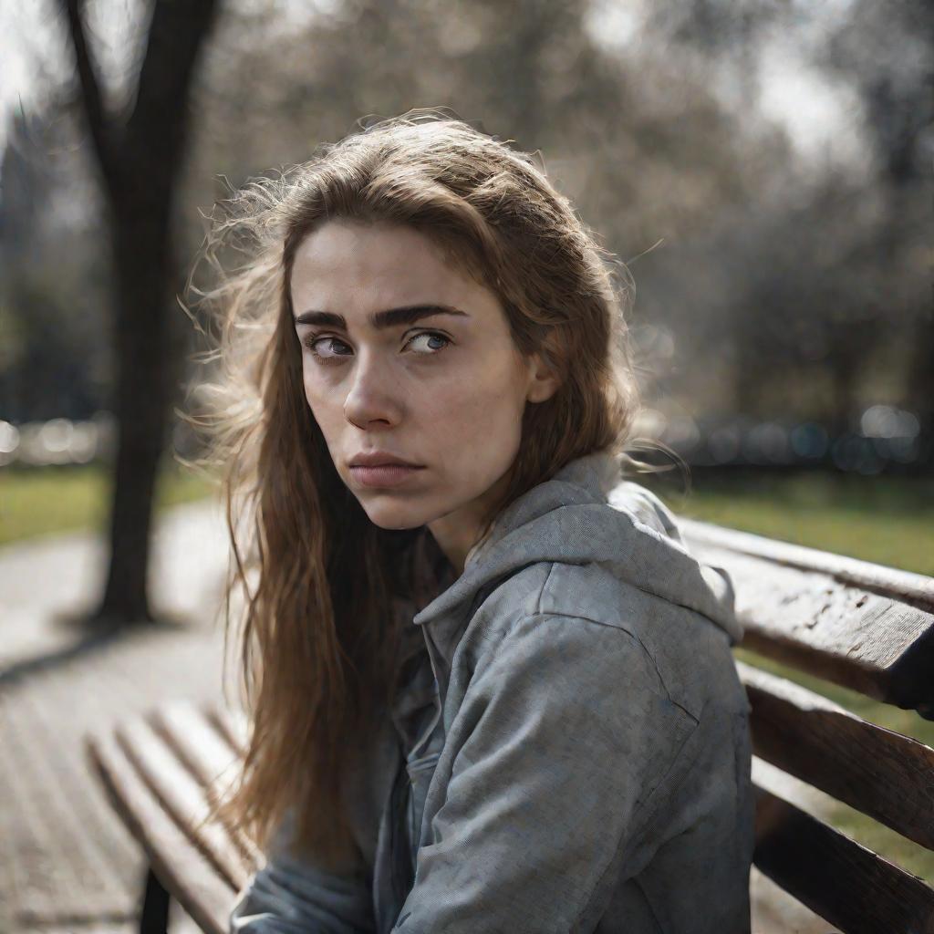 Портрет молодой задумчивой женщины на скамейке в парке
