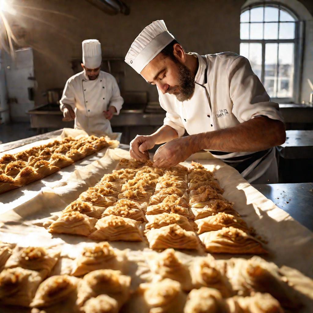 Фотография кондитера, выкладывающего слои филло теста с грецкими орехами и медом перед выпечкой пахлавы в пекарне при дневном освещении