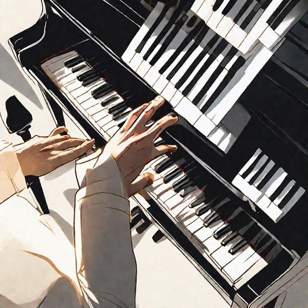 Вид сверху на руки пианиста, скользящие по клавишам во время музыкального выступления.