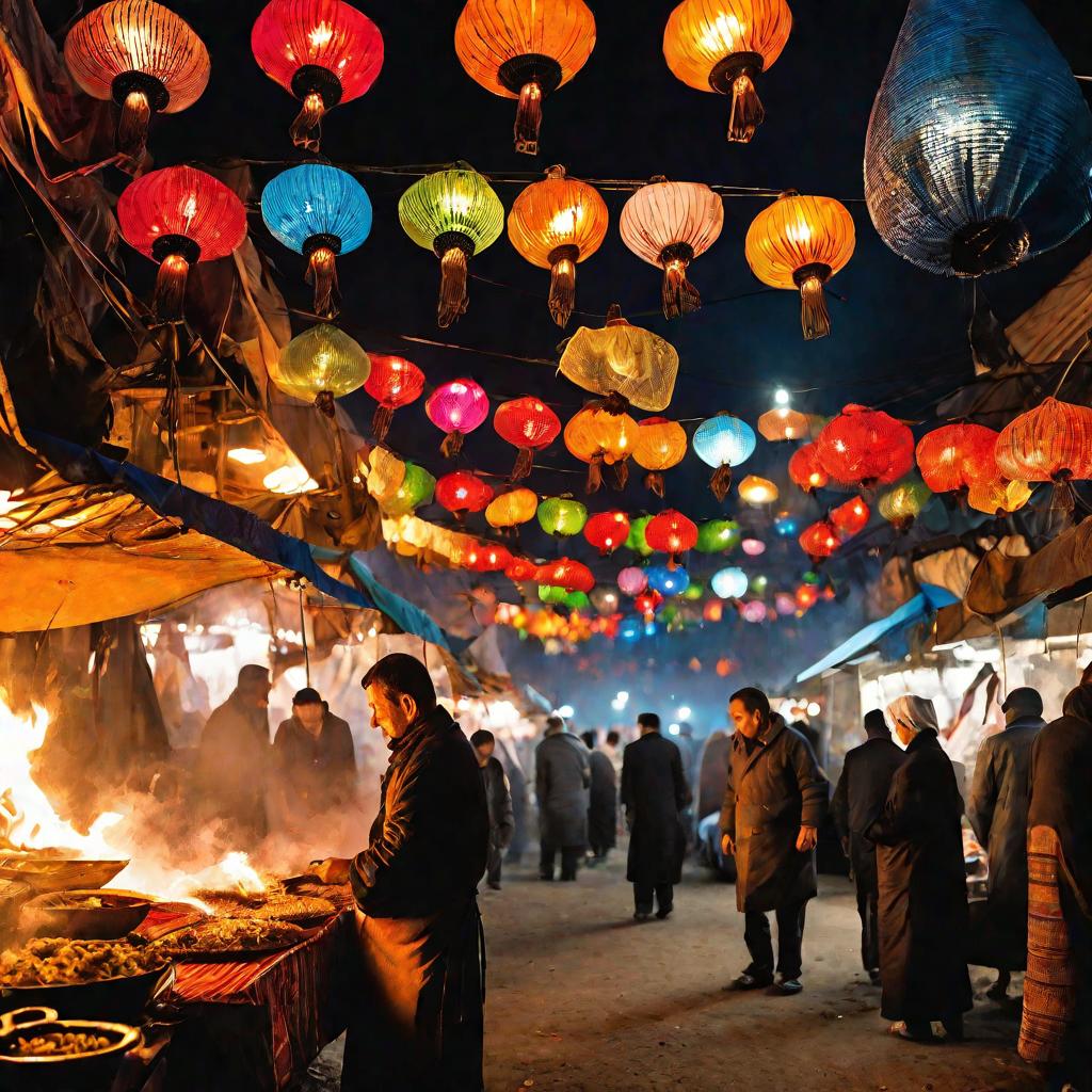 Яркий узбекский ночной рынок с едой