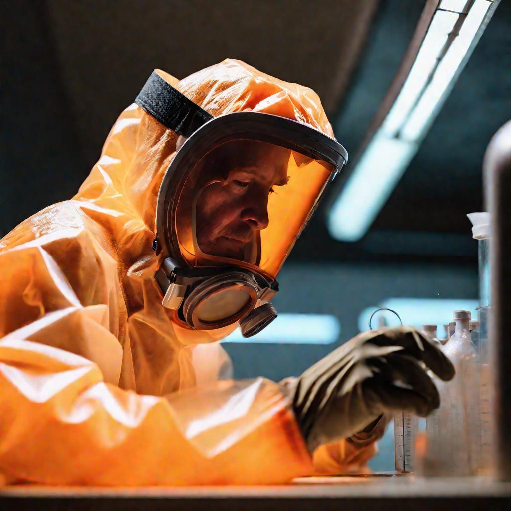 Ученый в защитном костюме работает с дихроматом калия в лаборатории
