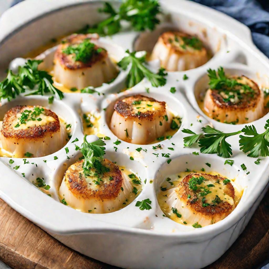 Запеченные морские гребешки, посыпанные сыром и петрушкой в глиняном горшочке только из духовки