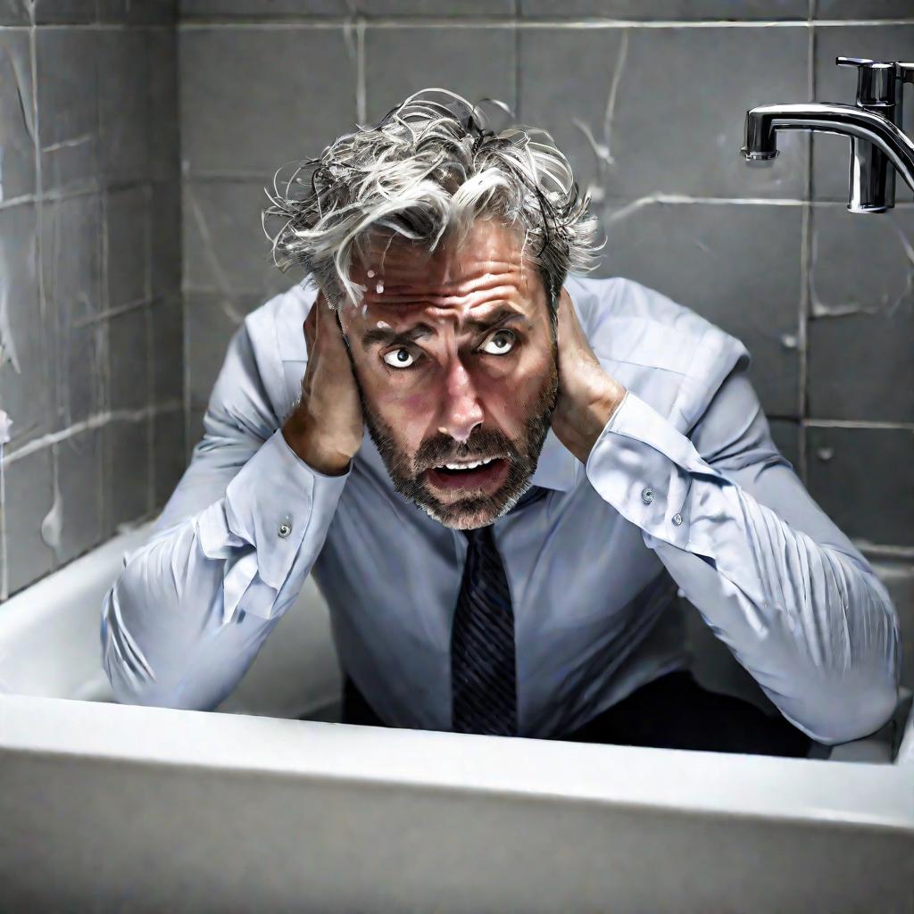 Мужчина моет голову в раковине в офисной ванной комнате