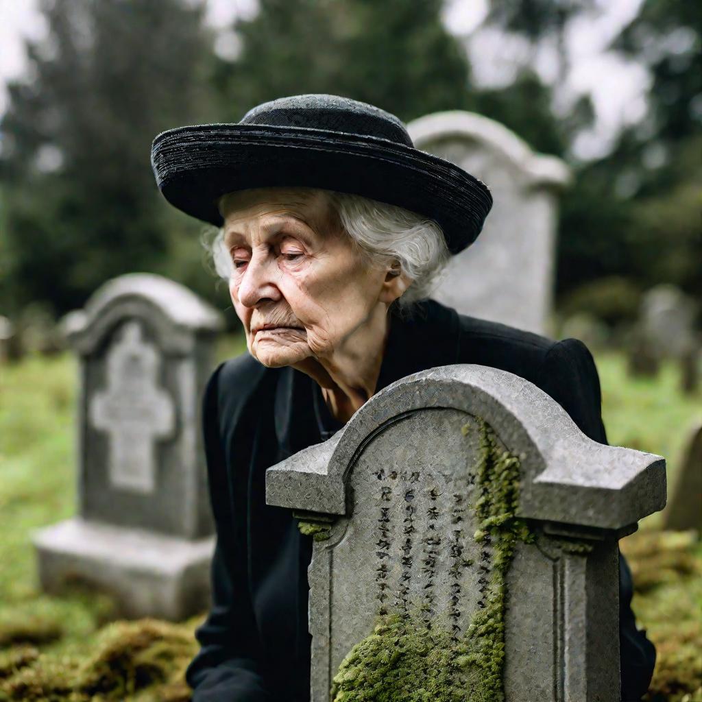 Портрет пожилой женщины в трауре у могилы в пасмурный день