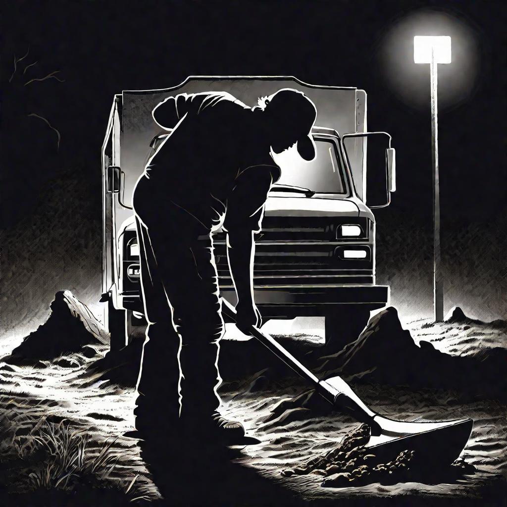 Человек копает могилу ночью при свете фар грузовика