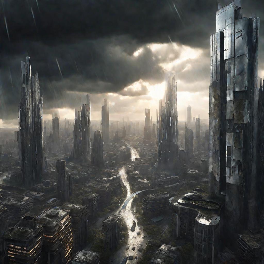 Футуристический город в облаках после апокалипсиса
