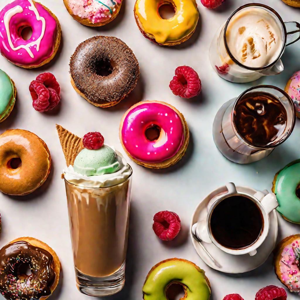 Сверху крупным планом разноцветные пончики, макаруны и печенье вокруг высокого стакана со льдом, кофе, колой, мороженым, мятой и малиной.