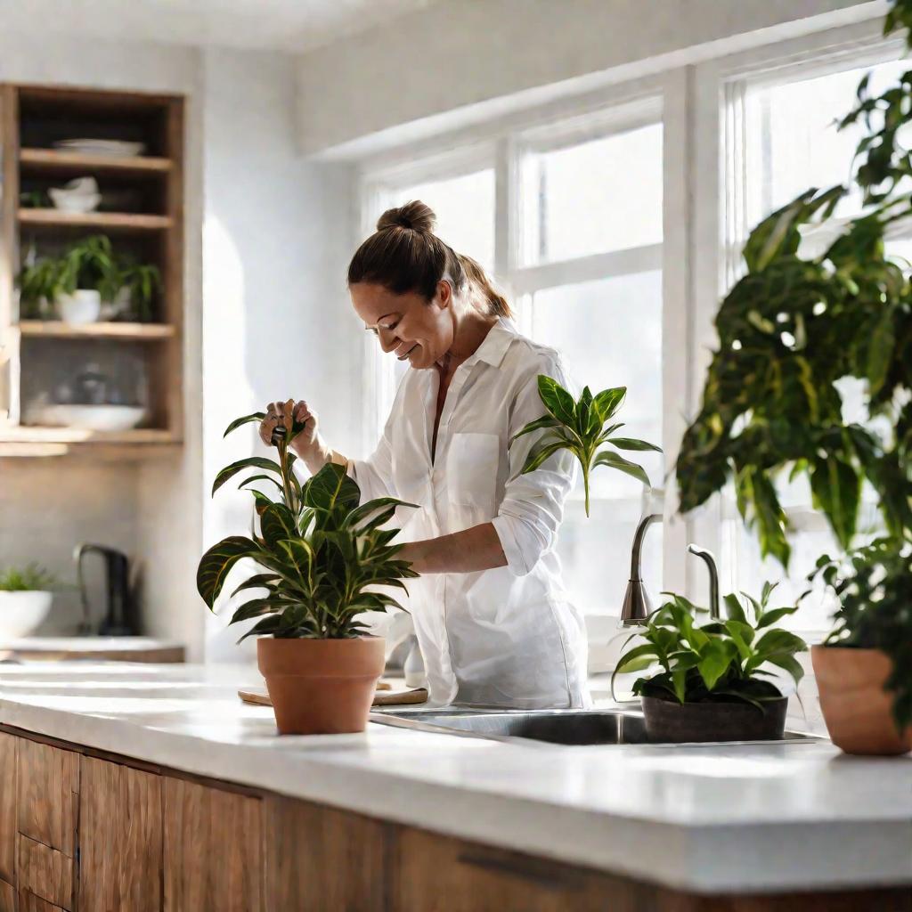 Женщина в белой рубашке поливает горшок с кодиеумом на кухонной стойке в современной кухне. На заднем плане раковина, окна и кухонные шкафы. Естественное освещение через окна создает спокойное настроение.