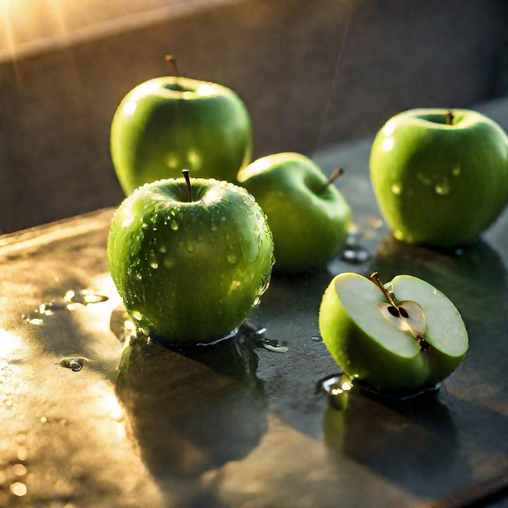 Три зеленых яблока с каплями воды на утреннем солнце.