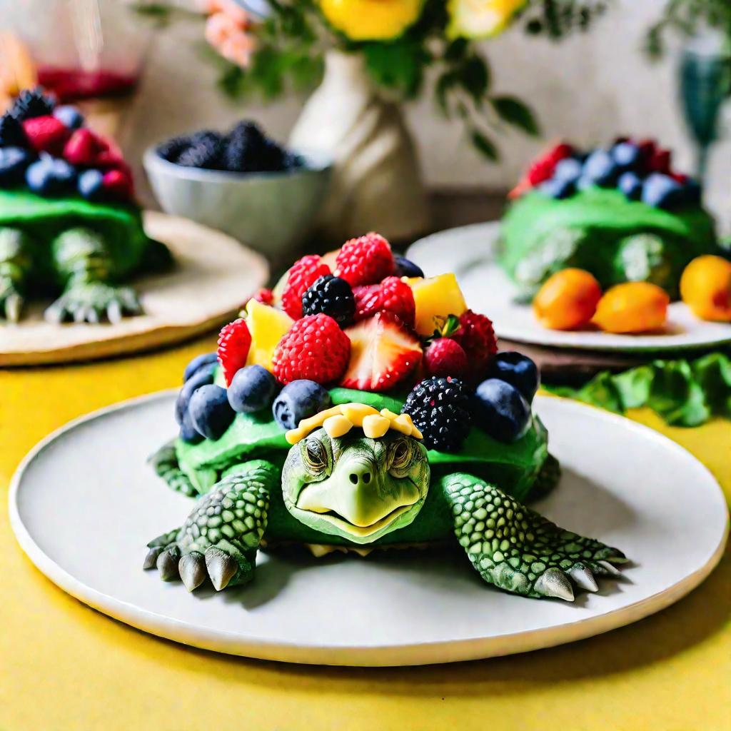 Торт в виде головы черепахи с зеленой глазурью, имитирующей кожу, на желтой глазури в виде панциря. Украшен ломтиками фруктов и ягод, чтобы выглядеть как салат черепаха на белой тарелке при дневном свете