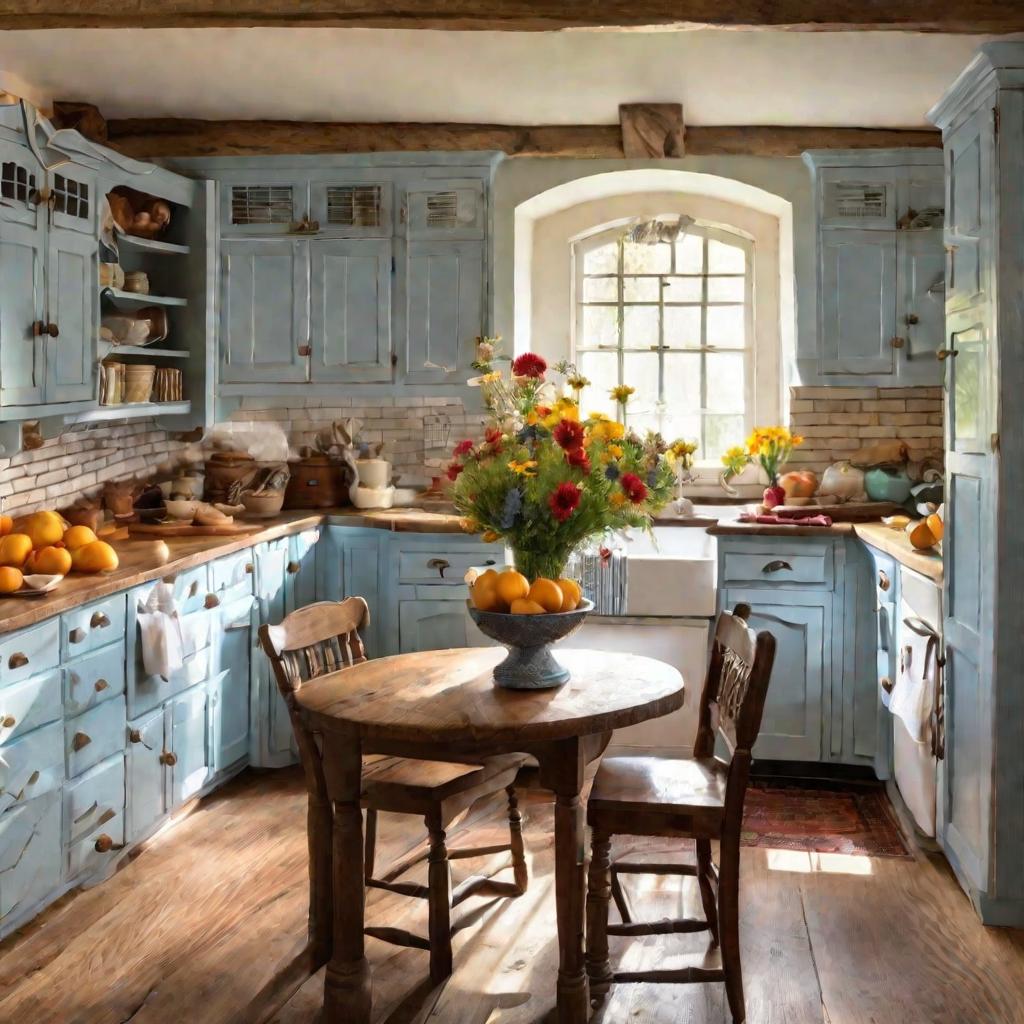 Уютная голубая кухня в кантри стиле с корзиной фруктов