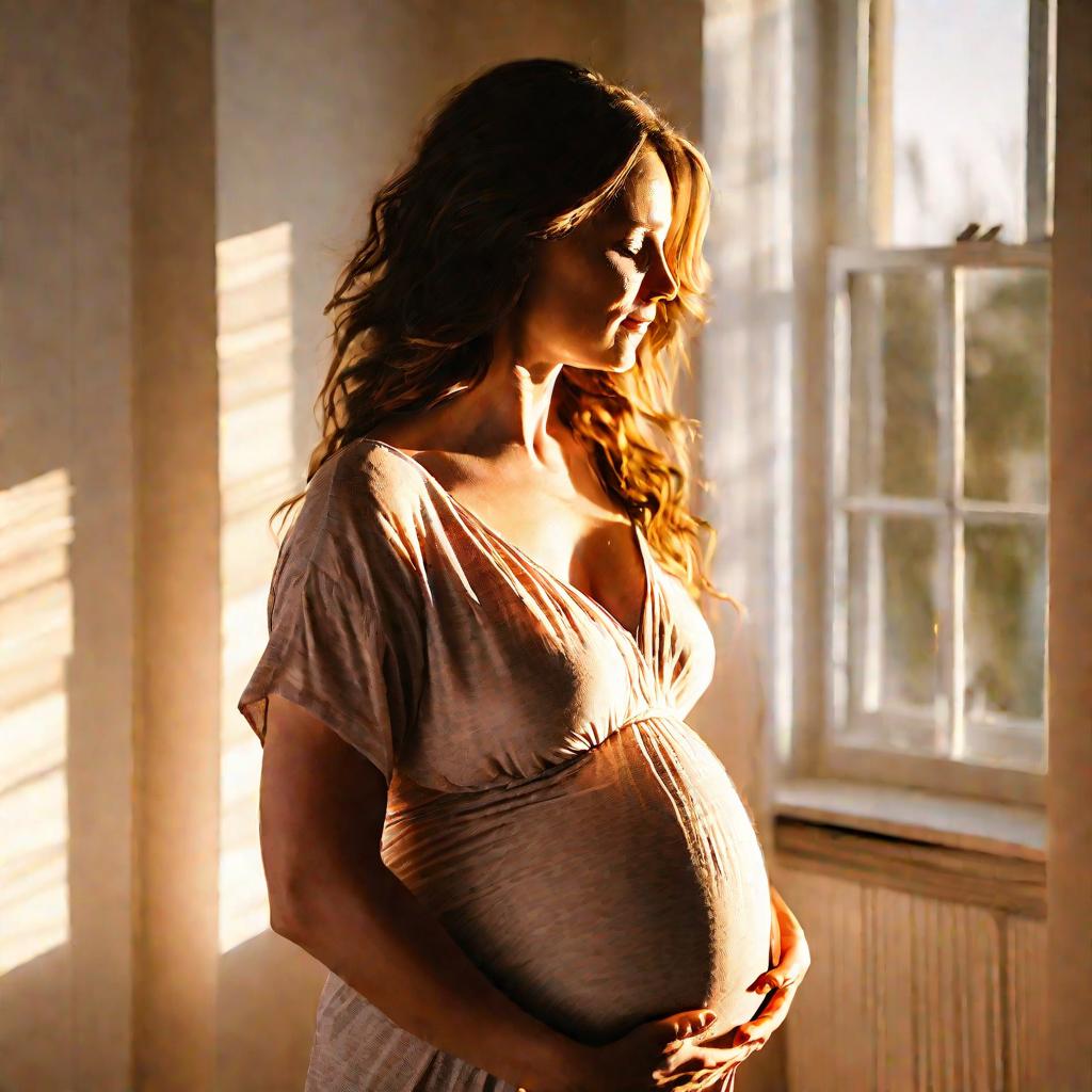 Беременная женщина смотрит на живот